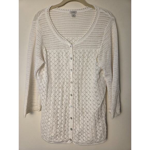 LL Bean Cardigan Sweater Womens XL Petite Ivory Linen Cotton Knit Cottagecore - Picture 1 of 7